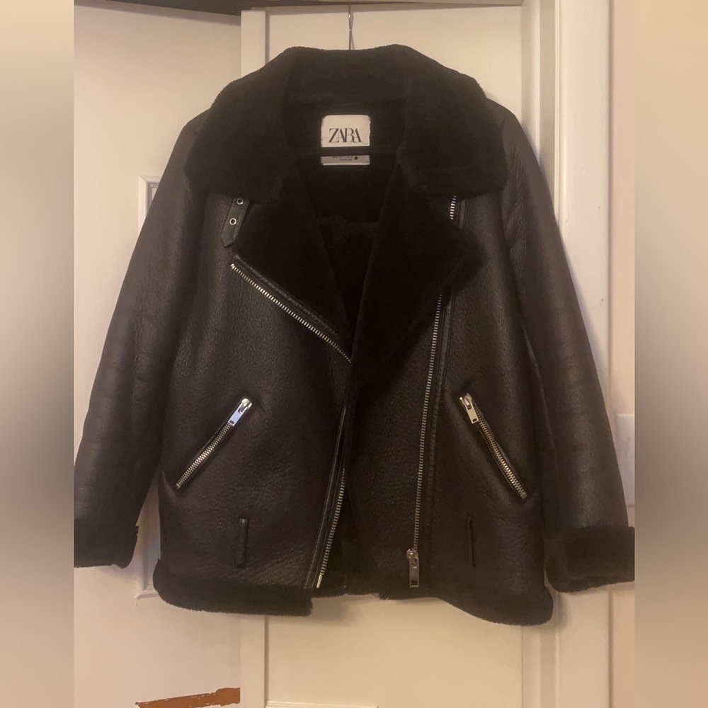 Zara Black Moto Sherpa Jacket